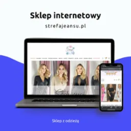 Laptop i smartfon prezentujące stronę sklepu internetowego strefajeansu.pl z modelkami w odzieży. Widok strony na obu urządzeniach.