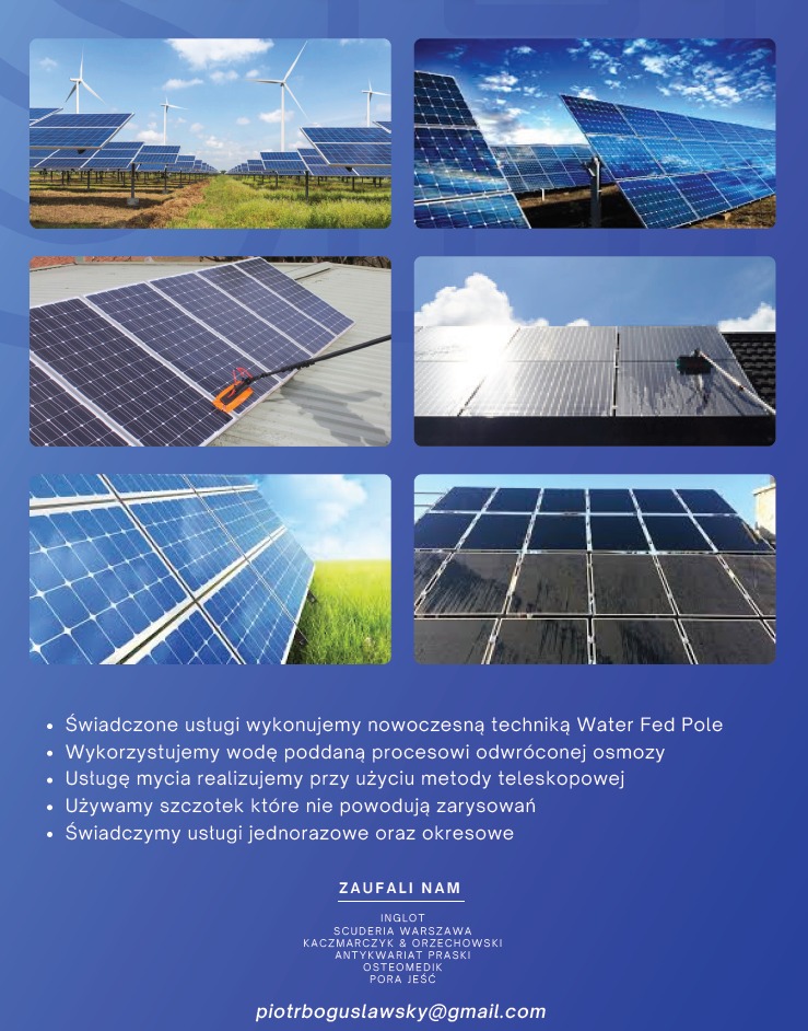 Kolaż zdjęć paneli fotowoltaicznych: farma wiatrowa w tle, zbliżenia na panele, czyszczenie paneli teleskopową szczotką, panele przed i po myciu, lista klientów i adres e-mail.