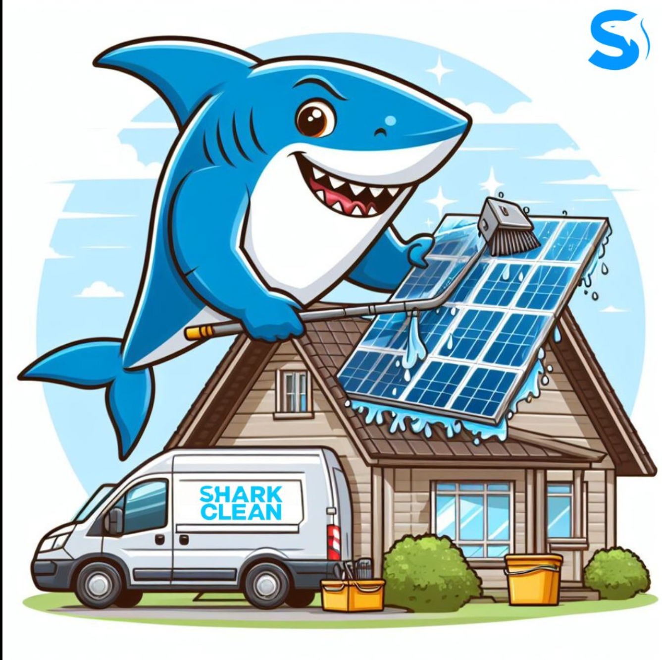 Kreskówkowy rekin czyści panele słoneczne na dachu domu za pomocą szczotki na długim kiju; obok stoi furgonetka z napisem SHARK CLEAN.