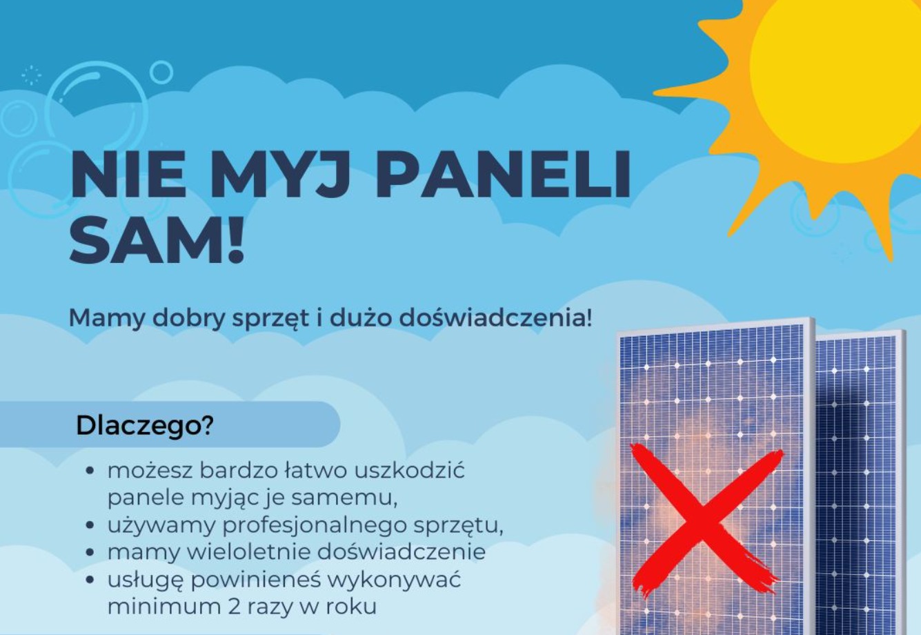 Grafika reklamowa firmy z Piastowa, ostrzegająca przed samodzielnym myciem paneli fotowoltaicznych, z przekreślonym panelem i hasłem 'Nie myj paneli sam!'
