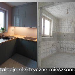 SPEC Grzegorz Piwowarski - Podwójne ujęcie: wykończona kuchnia z szarymi szafkami i drewnianym blatem obok surowego wnętrza w trakcie remontu z widocznymi instalacjami elektrycznymi w ścianach.