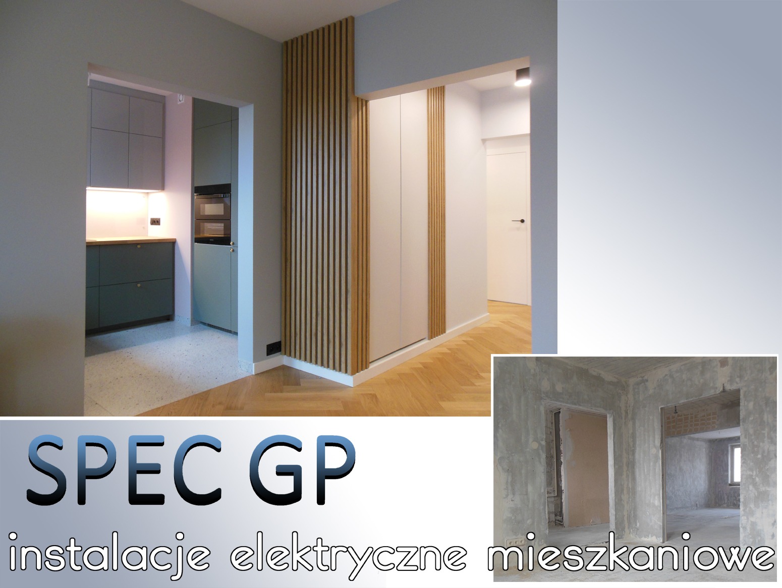 Nowoczesne wnętrze mieszkania z elementami drewnianymi: lamela na ścianie, parkiet w jodełkę, widok na kuchnię i fragment surowego stanu w rogu zdjęcia, logo firmy SPEC GP z tekstem 'instalacje...