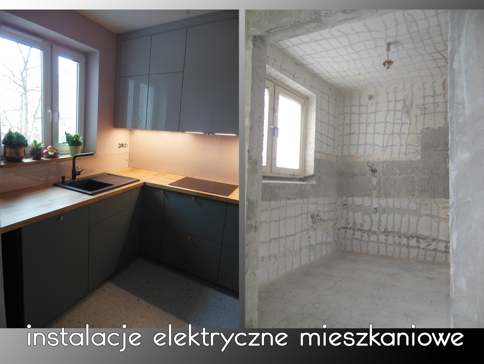 Podwójne ujęcie: wykończona kuchnia z szarymi szafkami i drewnianym blatem obok surowego wnętrza w trakcie remontu z widocznymi instalacjami elektrycznymi w ścianach.