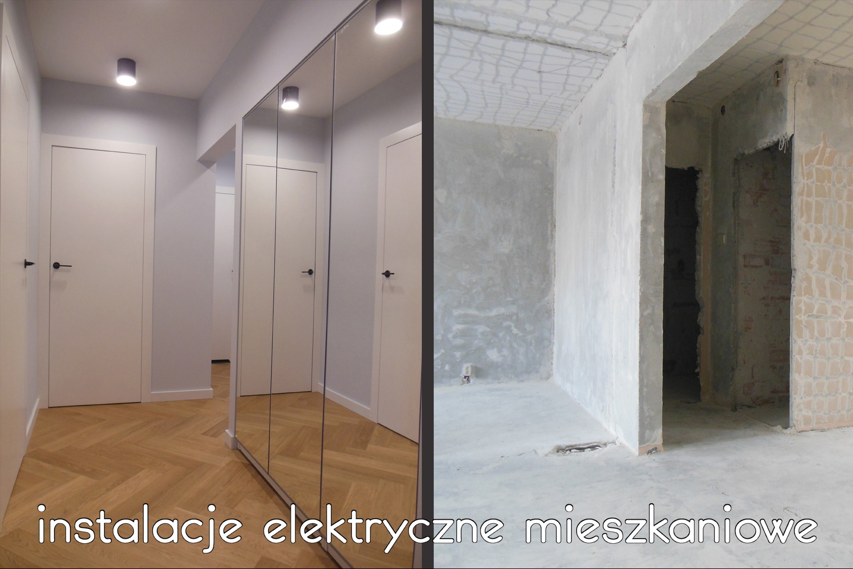 Korytarz po remoncie z widocznymi nowymi lampami sufitowymi LED, parkietem w jodełkę i lustrem na ścianie, kontrastujący z surowym stanem drugiego pomieszczenia z widoczną instalacją elektryczną...