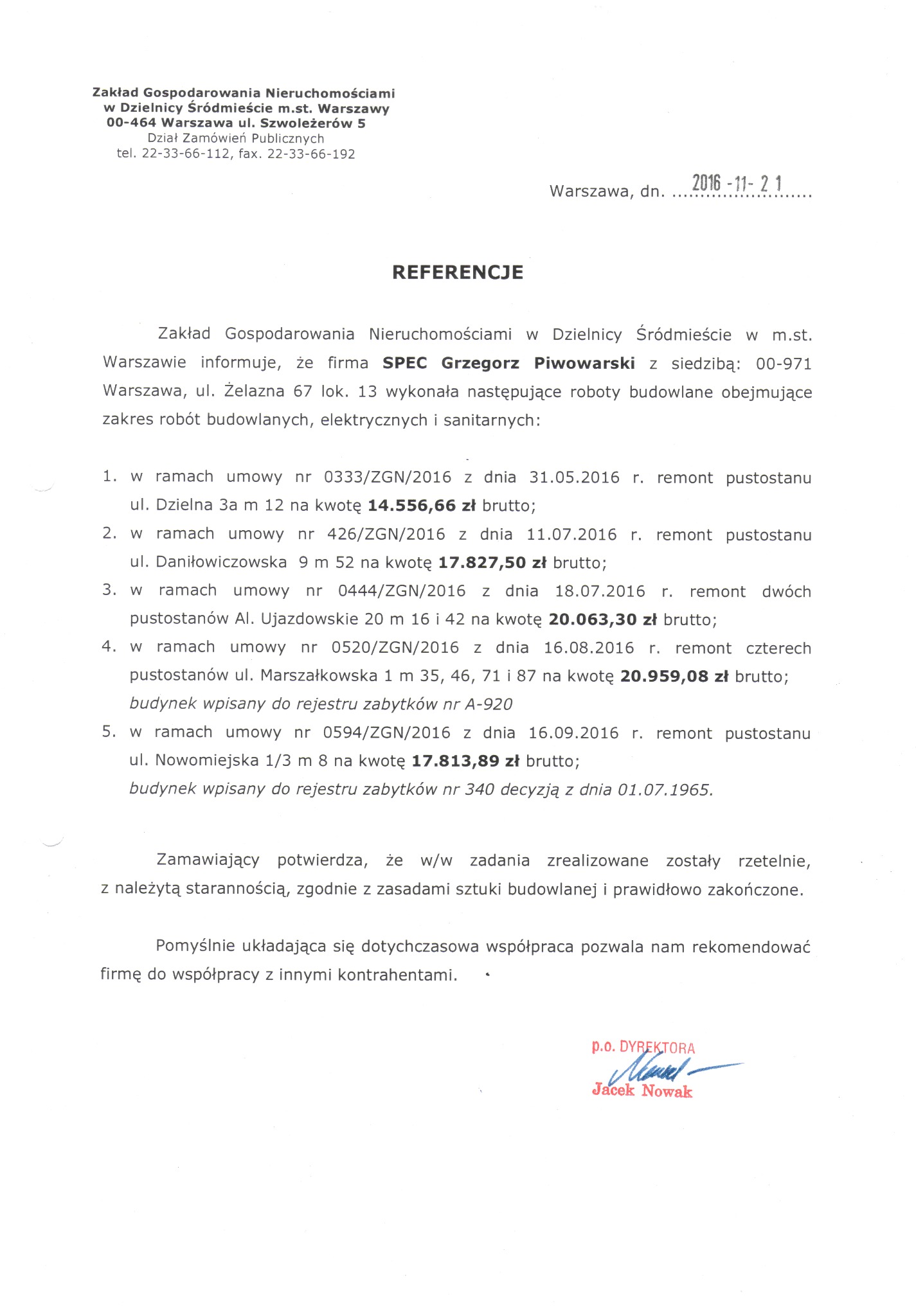 Skan dokumentu referencyjnego dla firmy SPEC Grzegorz Piwowarski, potwierdzający wykonanie robót budowlanych, elektrycznych i sanitarnych w pustostanach na terenie Warszawy, z datą 21 listopada...