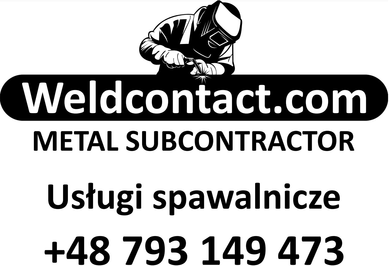 Czarno-białe logo firmy Weldcontact.com, metal subcontractor, usługi spawalnicze, numer telefonu +48 793 149 473, sylwetka spawacza w masce.