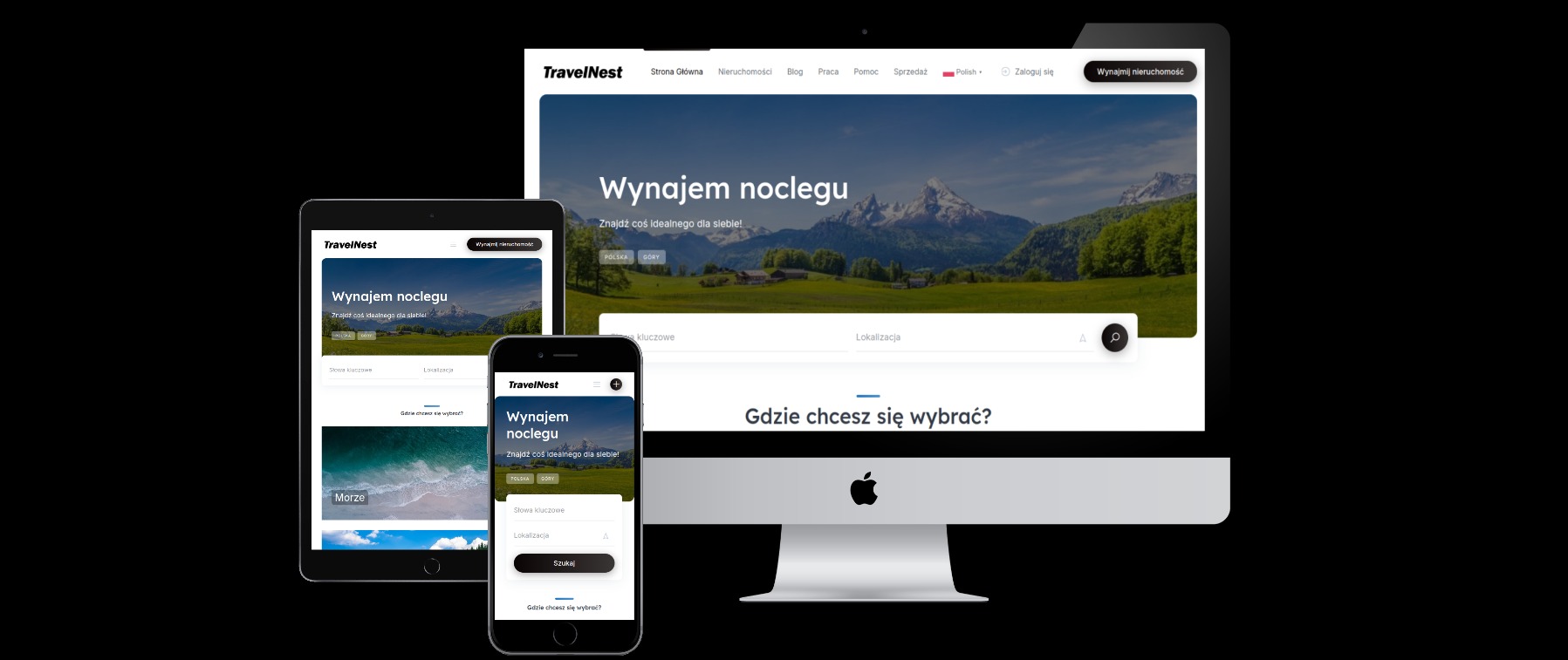 Responsywny wygląd strony internetowej TravelNest na monitorze, tablecie i smartfonie, prezentujący ofertę wynajmu noclegów z wyszukiwarką.