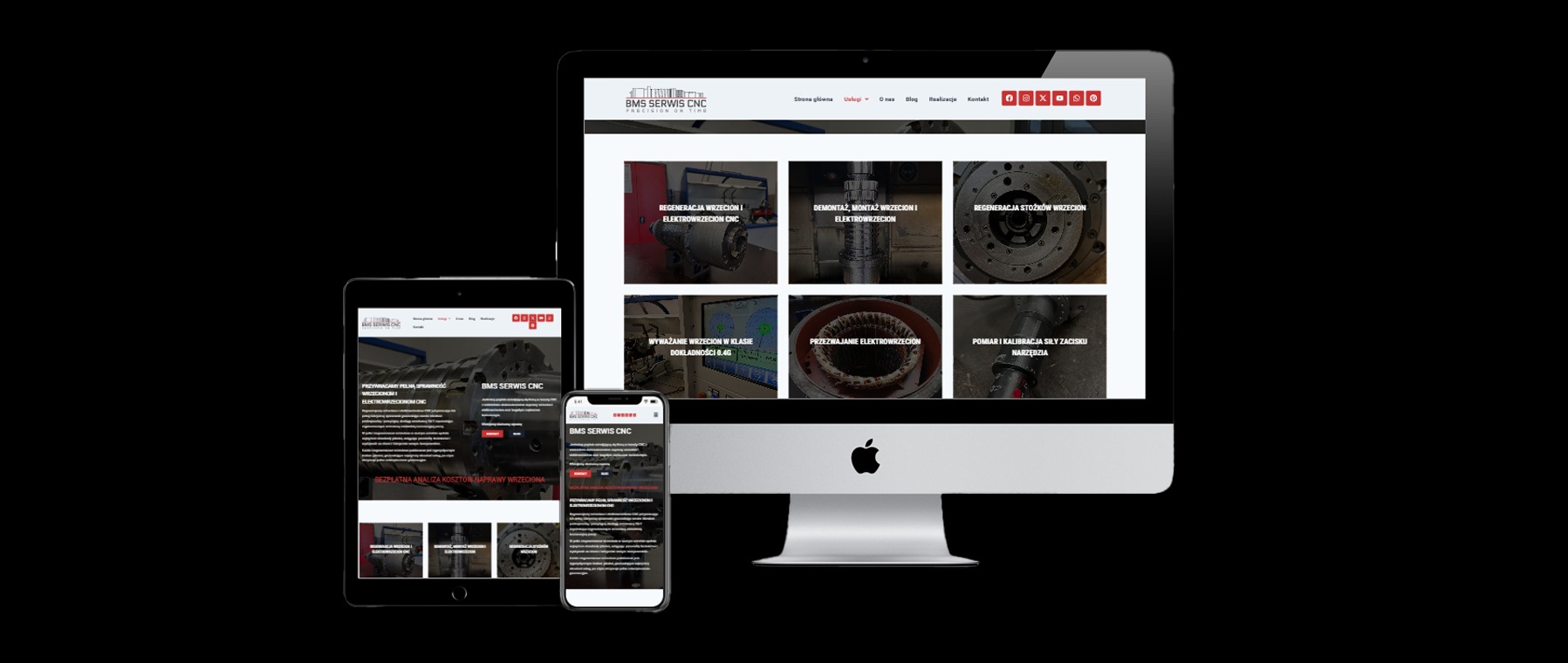 Responsywna strona internetowa firmy BMS Serwis CNC, prezentowana na monitorze, tablecie i smartfonie, z widocznymi sekcjami regeneracji, demontażu, wyważania i pomiaru wrzecion.
