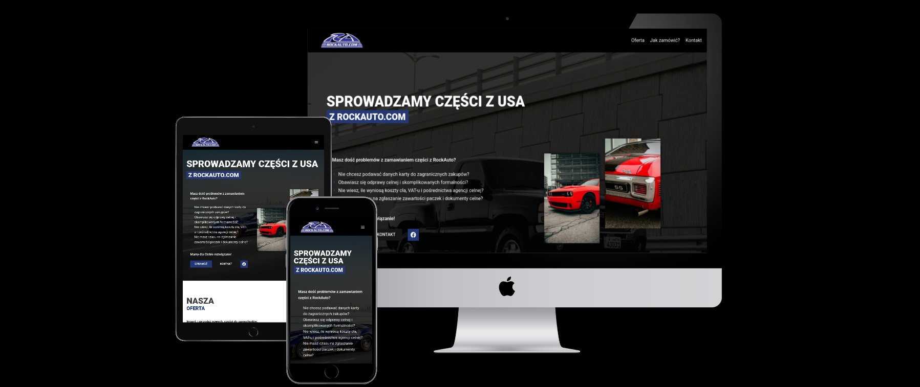 Responsywna strona internetowa rockauto.com.pl wyświetlana na monitorze, tablecie i smartfonie, prezentująca ofertę sprowadzania części z USA.