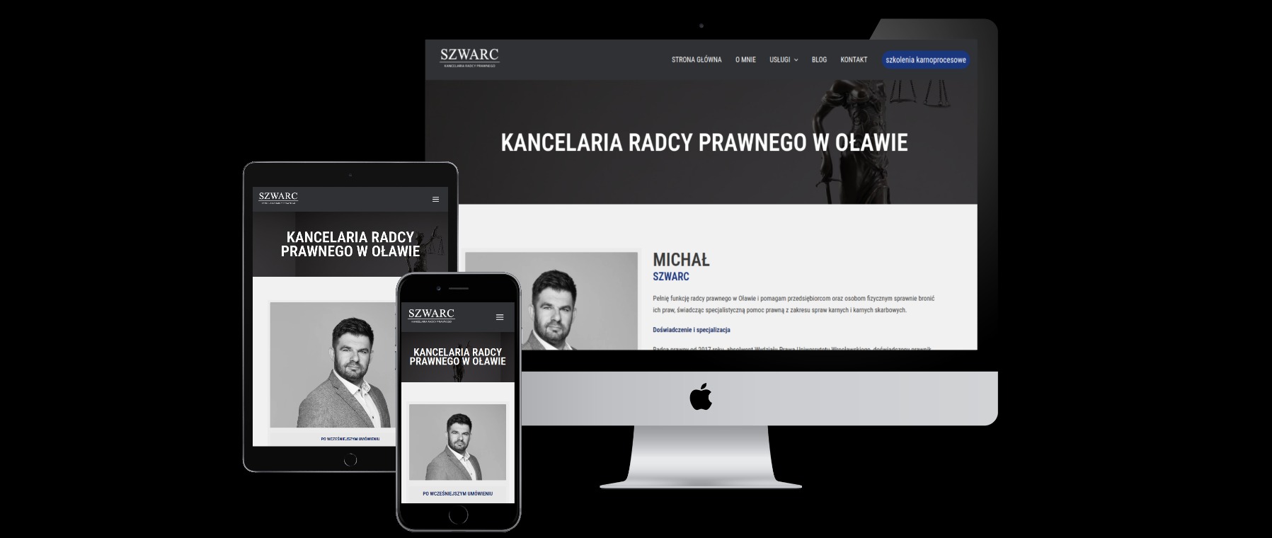 Responsywny układ strony internetowej kancelarii radcy prawnego 'kancelaria-szwarc.pl' wyświetlony na monitorze, tablecie i smartfonie.