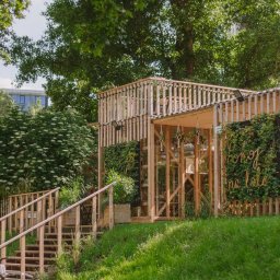 Arser Wood Polska s.c. Sławomir Brzózka, Tomasz Matosz - Drewniana konstrukcja z elementami zieleni, prawdopodobnie pergola, z drewnianymi schodami prowadzącymi do niej, otoczona zielonym trawnikiem i drzewami.