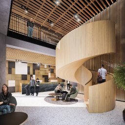 Arser Wood Polska s.c. Sławomir Brzózka, Tomasz Matosz - Wnętrze nowoczesnego holu z recepcją i spiralnymi schodami z jasnego drewna, widoczne osoby w różnych pozach, oświetlenie punktowe i dekoracyjne panele ścienne.