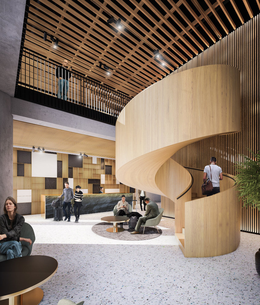 Wnętrze nowoczesnego holu z recepcją i spiralnymi schodami z jasnego drewna, widoczne osoby w różnych pozach, oświetlenie punktowe i dekoracyjne panele ścienne.