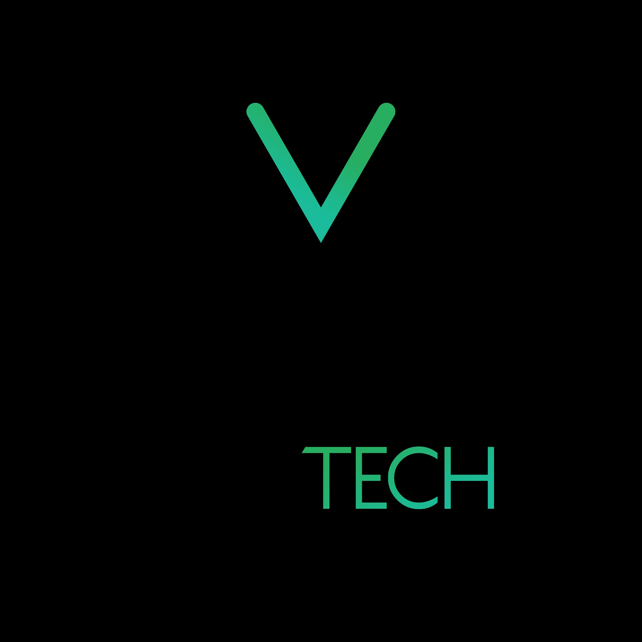 Logo firmy technologicznej: odwrócony trójkąt w odcieniach zieleni przechodzący w napis 'TECH' również w zielonych barwach, na czarnym tle.