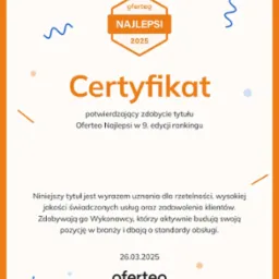 Certyfikat Oferteo Najlepsi 2025 potwierdzający zdobycie tytułu w 9. edycji rankingu, symbolizujący uznanie dla rzetelności i jakości świadczonych usług.