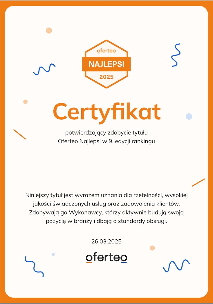 Certyfikat Oferteo Najlepsi 2025 potwierdzający zdobycie tytułu w 9. edycji rankingu, symbolizujący uznanie dla rzetelności i jakości świadczonych usług.