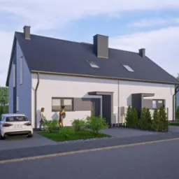 Wizualizacja dwóch nowoczesnych domów bliźniaczych z szarymi dachami i białymi elewacjami, z dwoma kobietami i białym samochodem na podjeździe z kostki brukowej, z zadbaną zielenią i logo firmy...