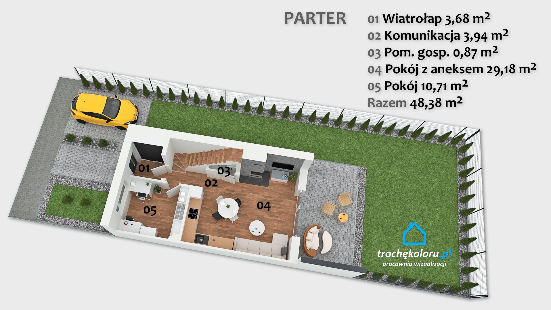 Rzut parteru domu z ogrodem i żółtym samochodem, widok z góry, oznaczone numery pomieszczeń i ich powierzchnie.
