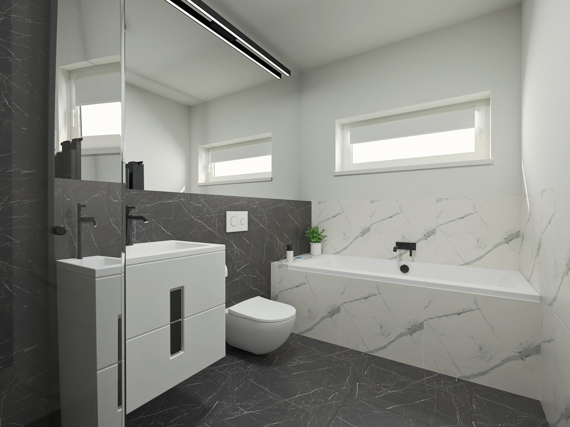 Nowoczesna łazienka z czarno-białymi płytkami imitującymi marmur, białą armaturą, minimalistyczną szafką pod umywalkę z czarnymi wnękami, podwieszaną toaletą i dwoma oknami z roletami w tle.