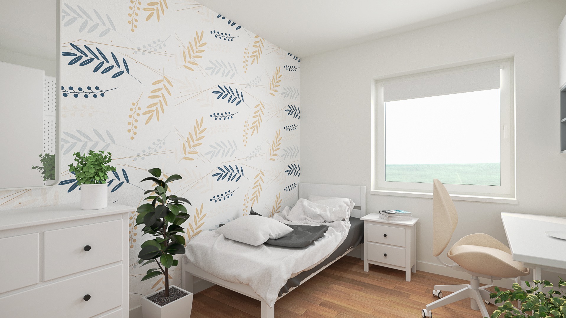 Jasna sypialnia z łóżkiem, biurkiem i komodą, ściana ozdobiona tapetą w motywy roślinne, dwie doniczki z roślinami, fotel biurowy z jasnym obiciem.