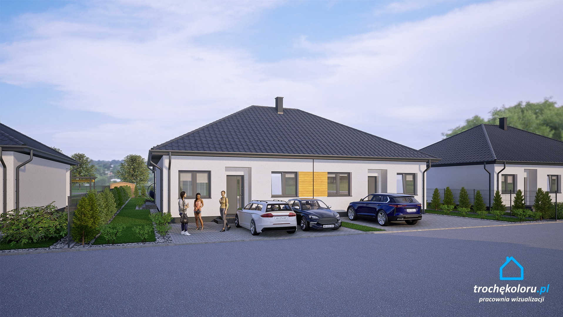 Wizualizacja osiedla domów jednorodzinnych z płaskimi dachami, trzema samochodami i trzema osobami na podjeździe, z elementami elewacji w kolorze drewna.