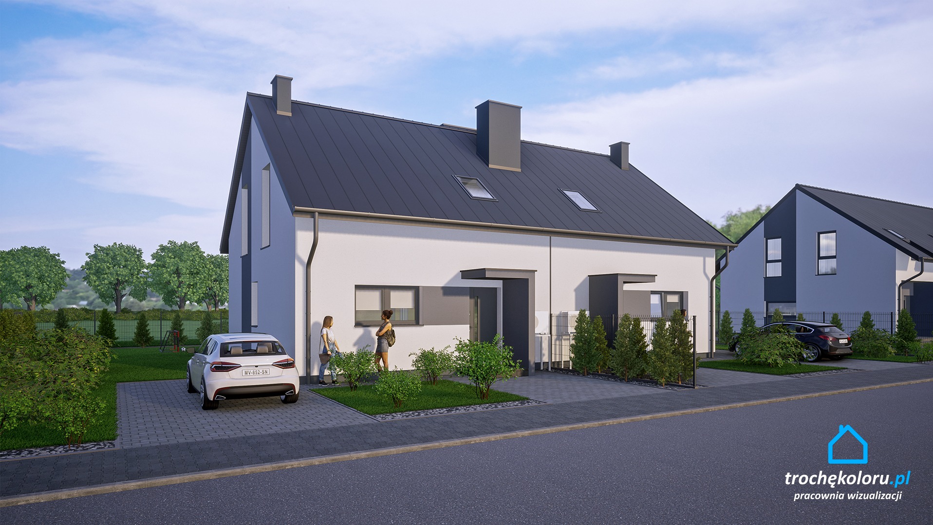 Wizualizacja dwóch nowoczesnych domów bliźniaczych z szarymi dachami i białymi elewacjami, z dwoma kobietami i białym samochodem na podjeździe z kostki brukowej, z zadbaną zielenią i logo firmy...