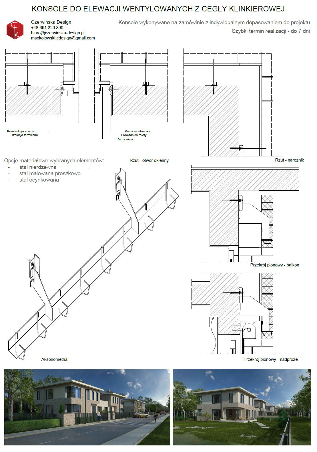 Rysunek techniczny konsoli do elewacji wentylowanych z cegły klinkierowej, zawierający rzuty, przekroje i aksonometrię, z informacją o materiałach: stal nierdzewna, malowana proszkowo, ocynkowana...