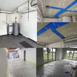 Kompleksowa instalacja: ogrzewanie podłogowe, rekuperacja KOMFOVENT, pompa ciepła LG 9 kW. Widoczne rury grzewcze, rekuperator, pompa ciepła i zasobnik.