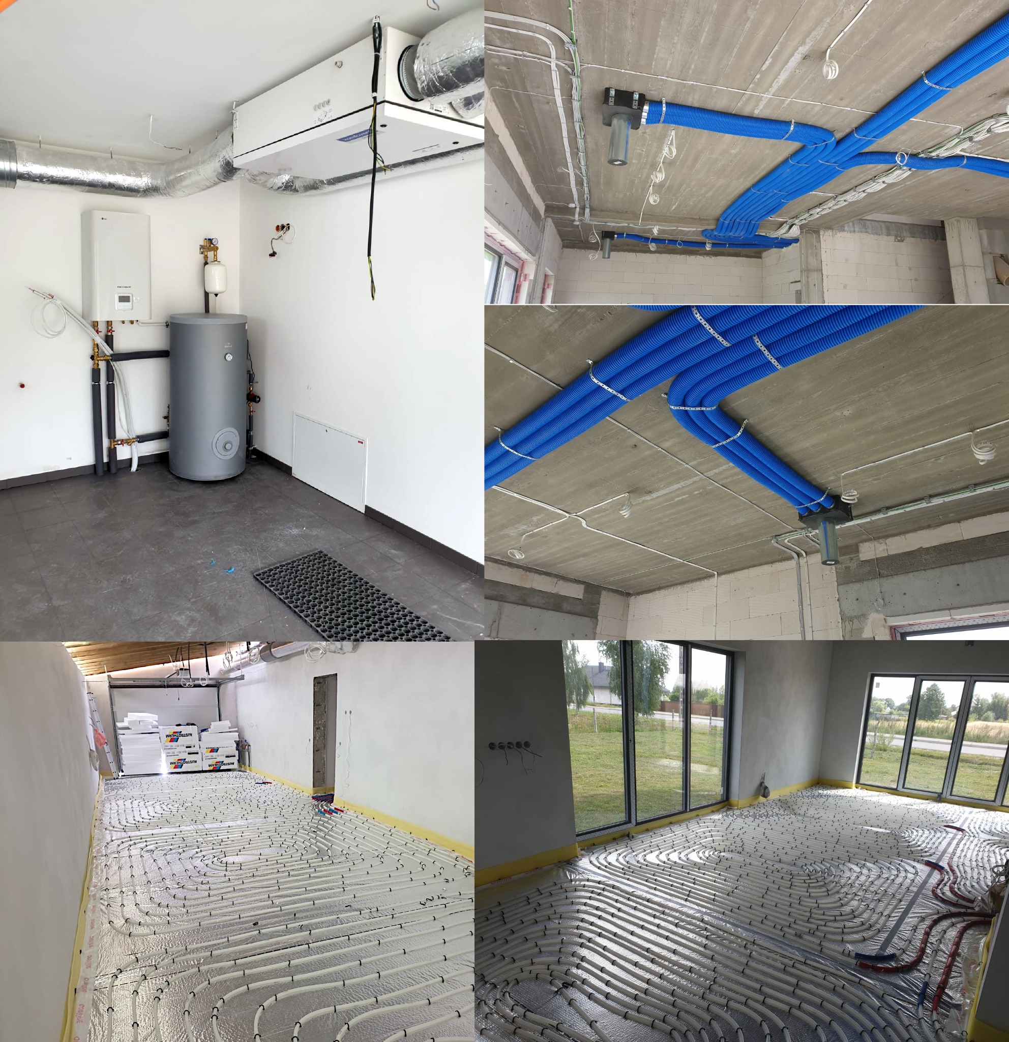Kompleksowa instalacja: ogrzewanie podłogowe, rekuperacja KOMFOVENT, pompa ciepła LG 9 kW. Widoczne rury grzewcze, rekuperator, pompa ciepła i zasobnik.