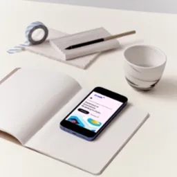 Smartfon wyświetlający stronę internetową na otwartym notatniku, obok kubek, taśma washi i pióro w ceramicznym uchwycie, minimalistyczna kompozycja na jasnym tle.