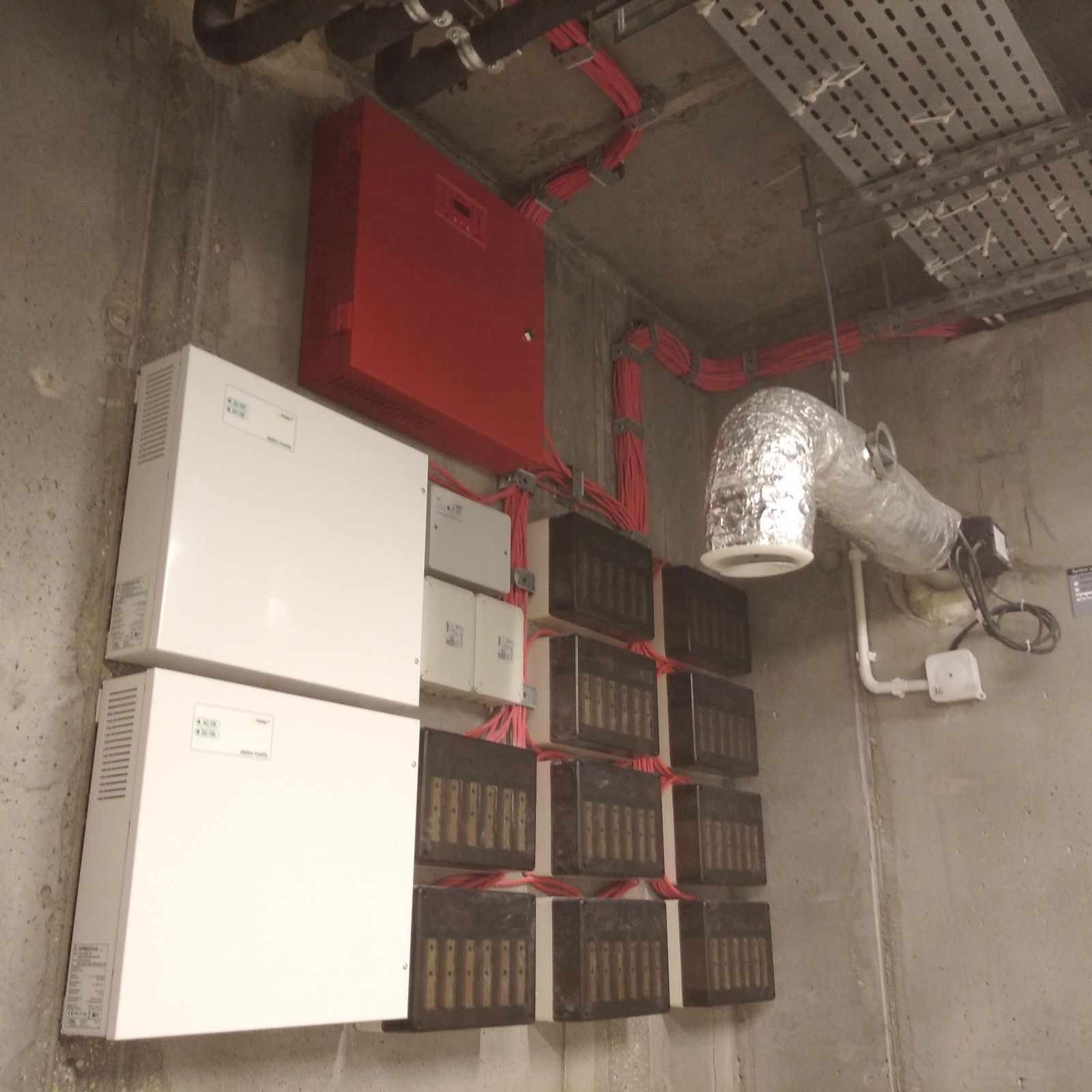 Rozbudowana instalacja elektryczna w surowym wnętrzu: duża czerwona skrzynka sterownicza, białe panele, liczne czarne skrzynki rozdzielcze połączone czerwonymi kablami, widoczny fragment wentylacji...