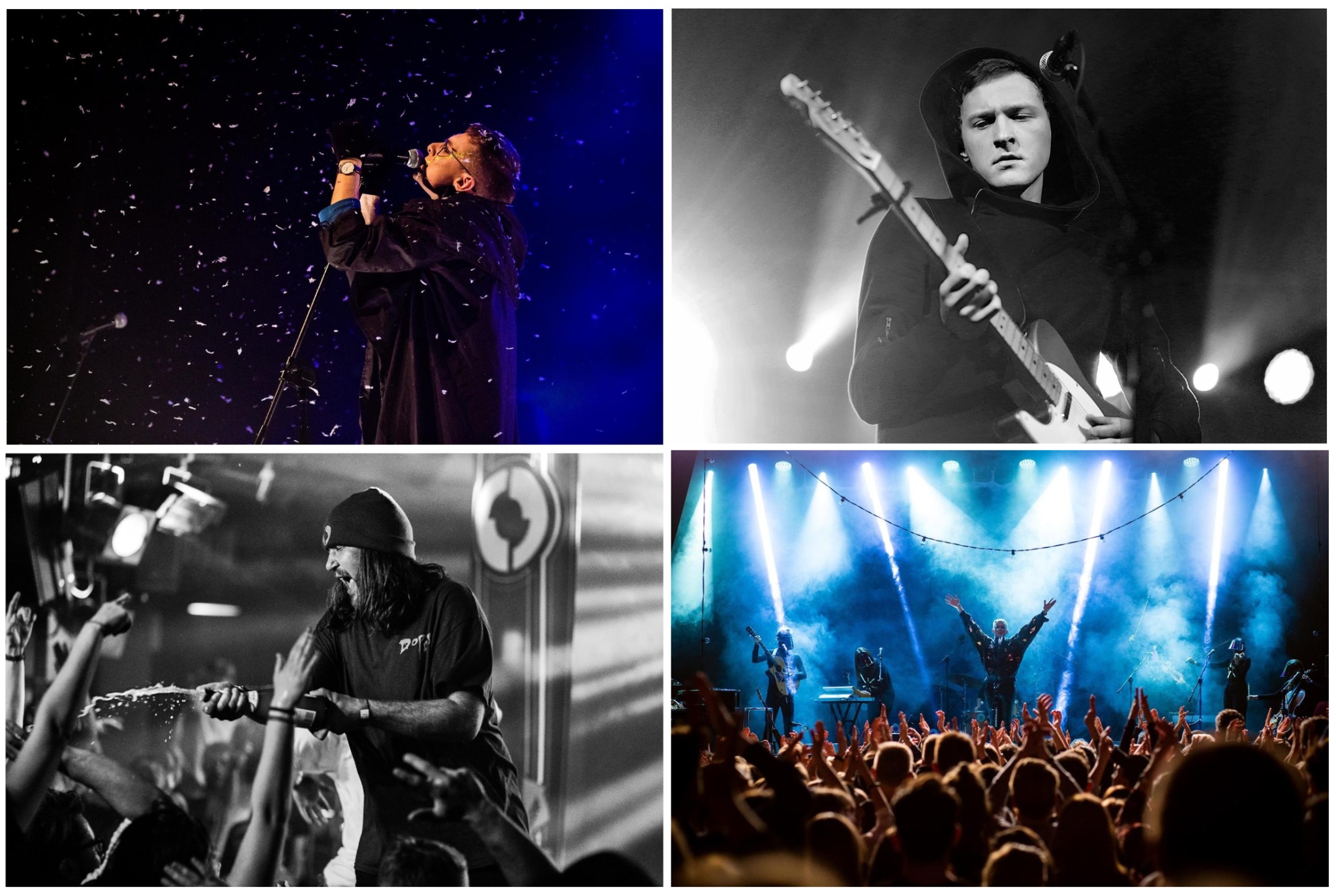 Kolaż czarno-białych i kolorowych zdjęć z koncertów: wokalista z mikrofonem w strugach konfetti, gitarzysta w kapturze, wokalista otwierający szampana w tłumie, zespół na scenie oświetlonej...