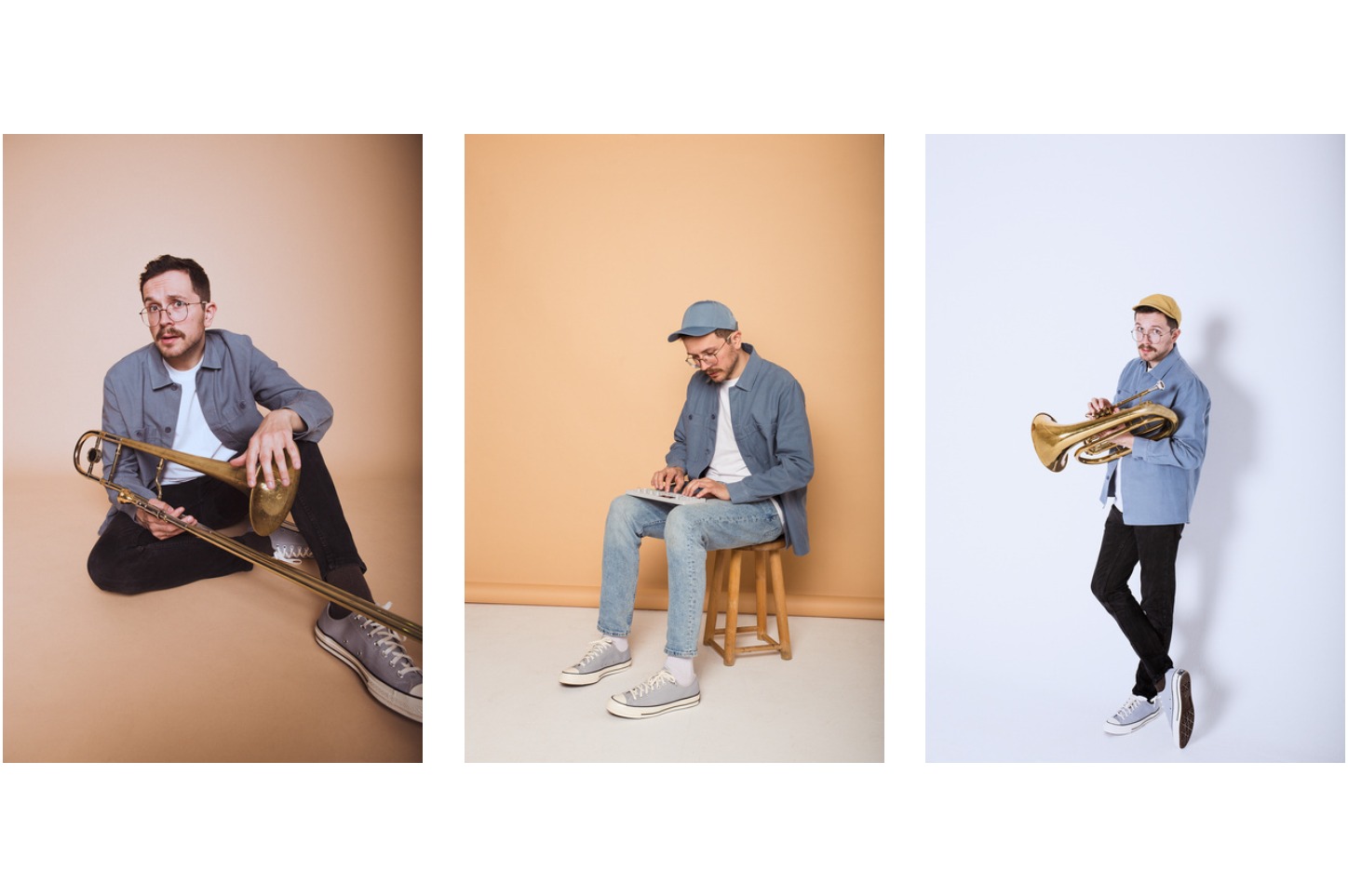 Kolaż trzech portretów mężczyzny w okularach, prezentującego instrumenty muzyczne: puzon na beżowym tle, piszącego na klawiaturze siedząc na stołku i trąbkę na białym tle.