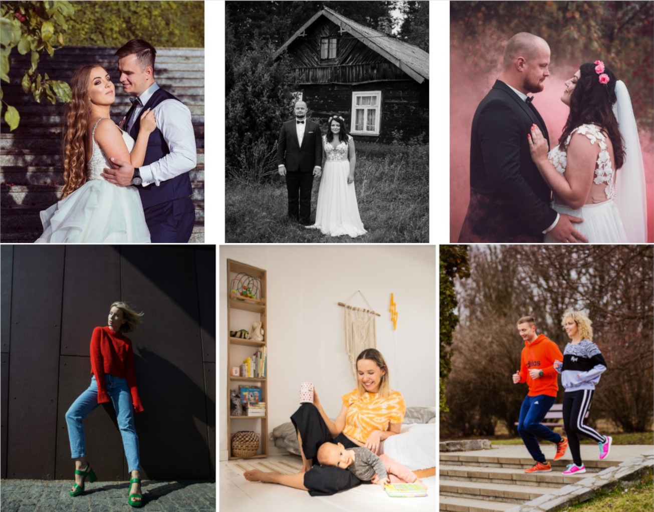 Kolaż sześciu zdjęć: para młoda na schodach, para młoda przed drewnianym domem (czarno-białe), para młoda otulona różowym dymem, kobieta w czerwonym swetrze oparta o ścianę, matka z dzieckiem...