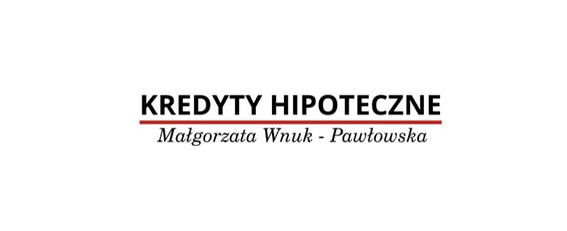 Logo firmy Małgorzata Wnuk-Pawłowska oferującej kredyty hipoteczne, czarny tekst na białym tle z czerwoną linią.