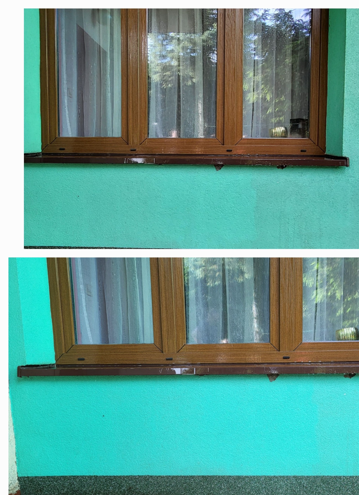 Fragment elewacji z oknem o drewnianej ramie i parapetem, ściana pomalowana na turkusowo, widoczne ślady zabrudzeń i uszkodzeń na elewacji i pod oknem.