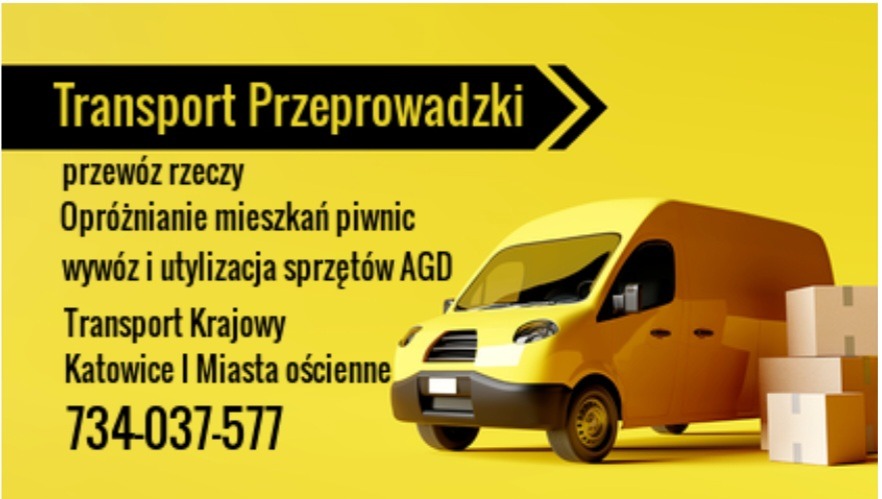 Grafika reklamowa: żółty samochód dostawczy obok stosu kartonowych pudeł na jaskrawożółtym tle, z tekstem 'Transport Przeprowadzki, przewóz rzeczy, opróżnianie mieszkań piwnic, wywóz i utylizacja...