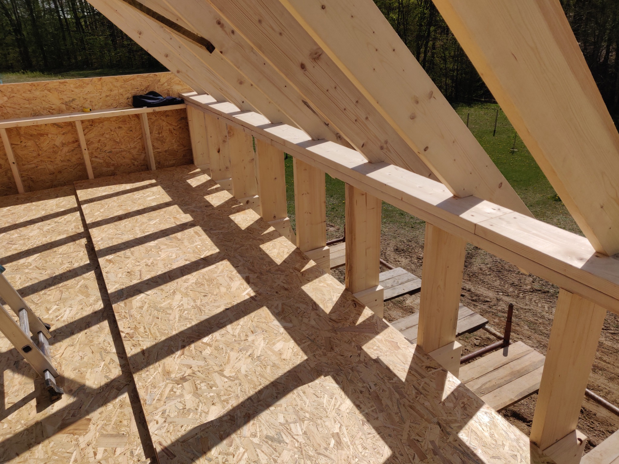 Wnętrze powstającego domu szkieletowego z widoczną konstrukcją drewnianą, podłogą z płyty OSB, fragmentem ściany i częściowo zadaszeniem. Widoczne elementy rusztowania.