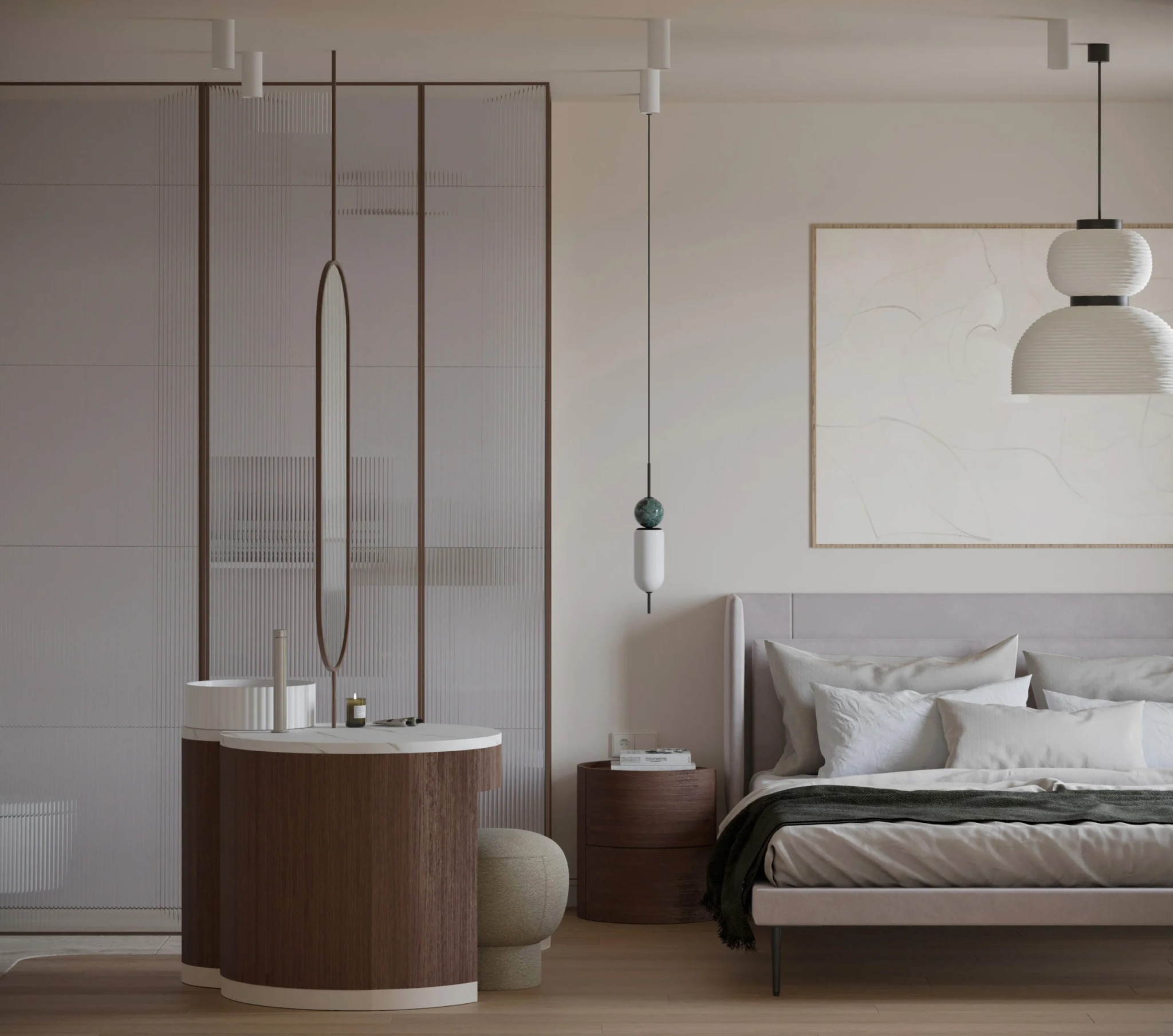 Nowoczesna sypialnia z toaletką z umywalką, łóżkiem z szarą tapicerką, minimalistycznym oświetleniem i dekoracyjnym panelem ściennym z ryflowanego szkła.