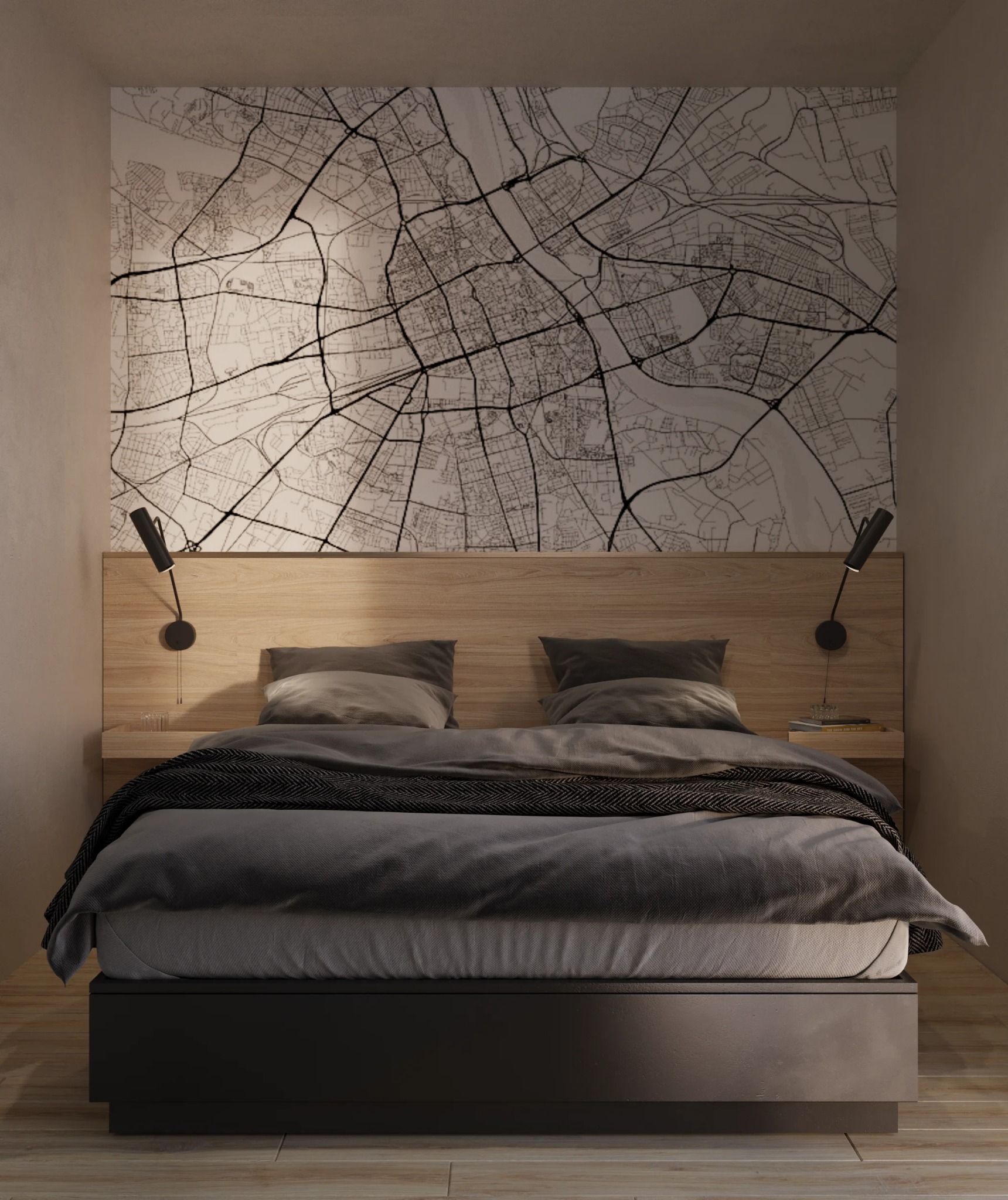 Nowoczesna sypialnia z łóżkiem na platformie, drewnianym zagłówkiem i mapą miasta na ścianie, oświetlona lampkami nocnymi.