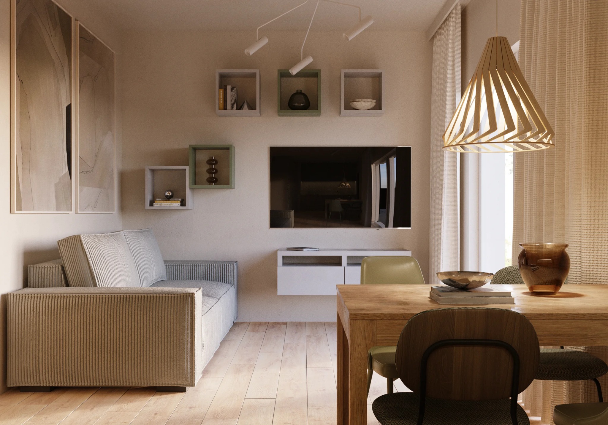 Jasne, minimalistyczne wnętrze salonu z drewnianą podłogą, szarą sofą, drewnianym stołem i dekoracyjnymi półkami na ścianie. Na stole misa i wazon. Nad stołem designerska lampa.