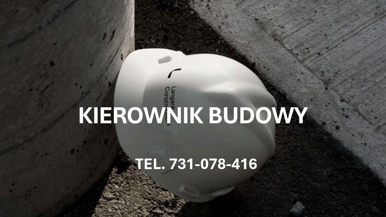Biały kask budowlany z napisem 'Langara Construction' leżący na szarym, betonowym podłożu, obok betonowego słupa, z nałożonym tekstem 'KIEROWNIK BUDOWY' i numerem telefonu.