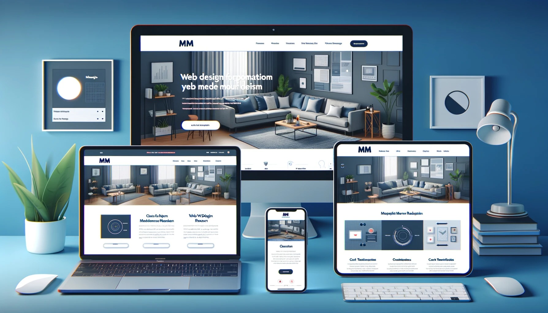 Prezentacja responsywnej strony internetowej na laptopie, tablecie, smartfonie i monitorze, ukazująca spójny design interfejsu użytkownika w różnych rozdzielczościach.