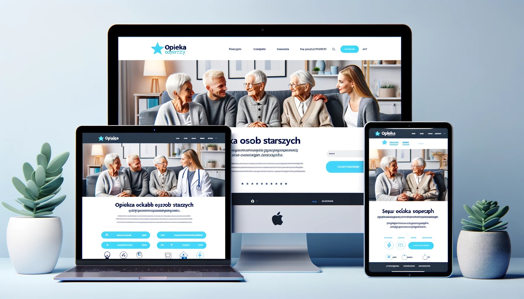 Ekran komputera, laptopa i tabletu prezentujące responsywną stronę internetową firmy opiekuńczej dla osób starszych, z logiem w lewym górnym rogu i zdjęciami seniorów oraz personelu medycznego.