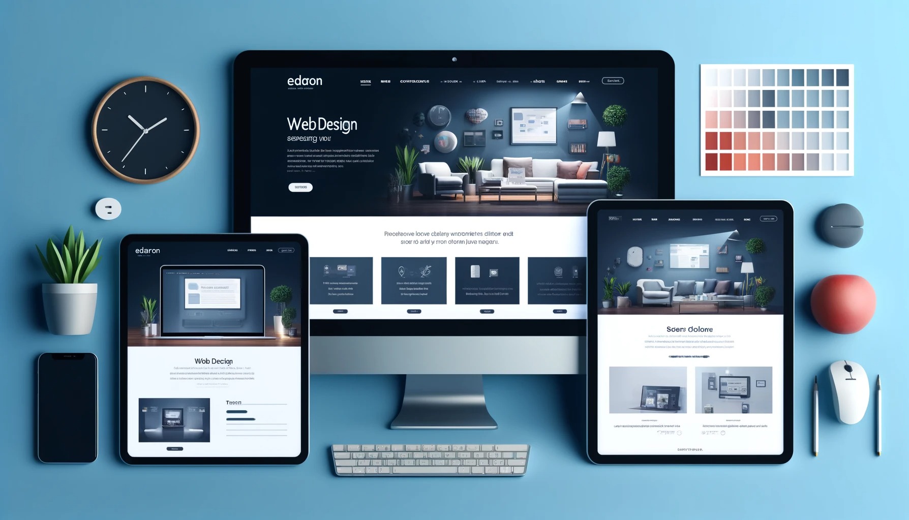 Kompozycja biurka z różnymi urządzeniami (monitor, tablet, smartfon) wyświetlającymi interfejs strony internetowej z motywem aranżacji wnętrz, obok zegar, paleta kolorów i akcesoria na niebieskim tle.