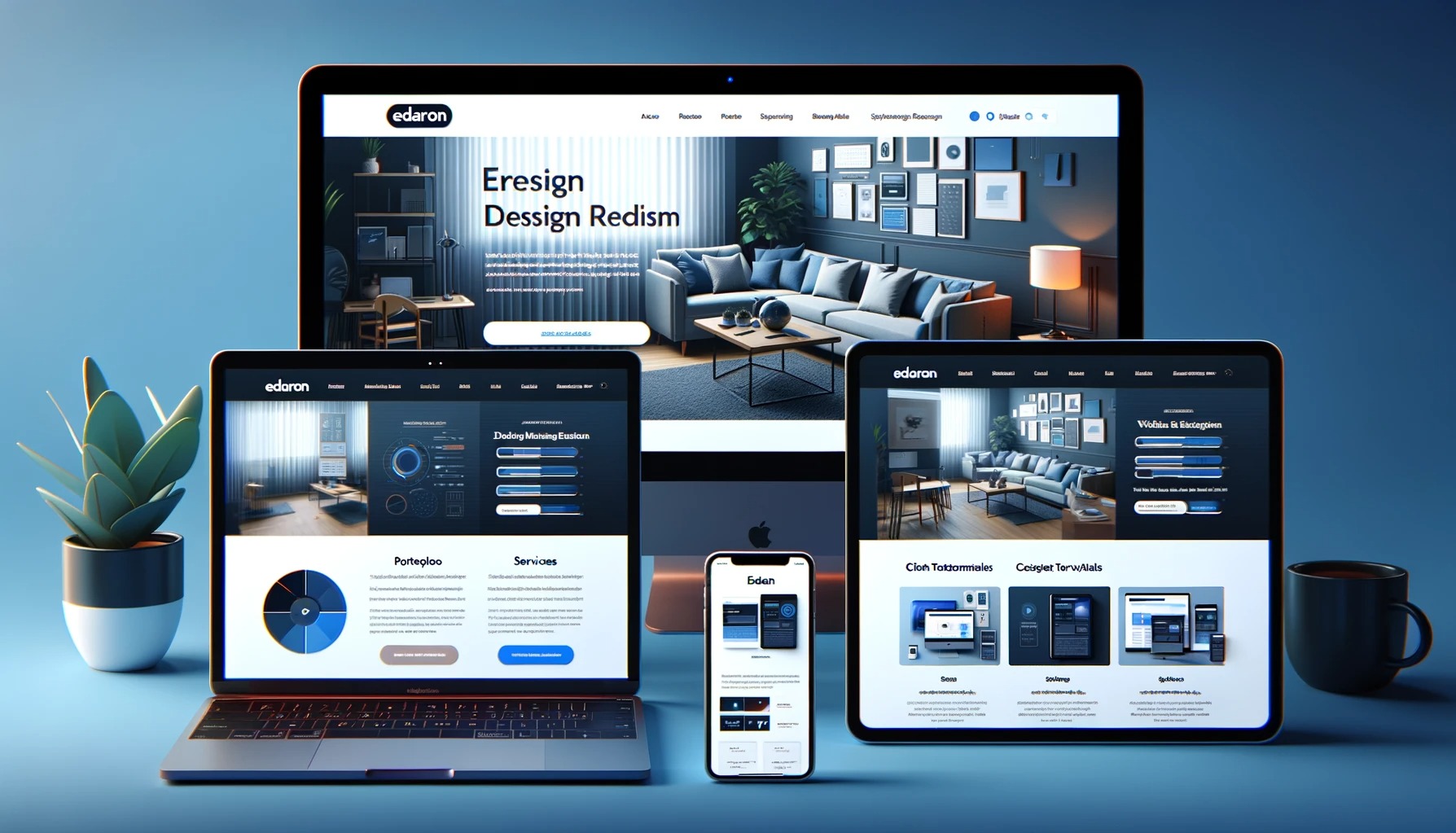 Prezentacja responsywnego projektu strony internetowej na laptopie, smartfonie, tablecie i monitorze, z logo 'edaron' widocznym na każdym urządzeniu, obok rośliny doniczkowej i filiżanki.