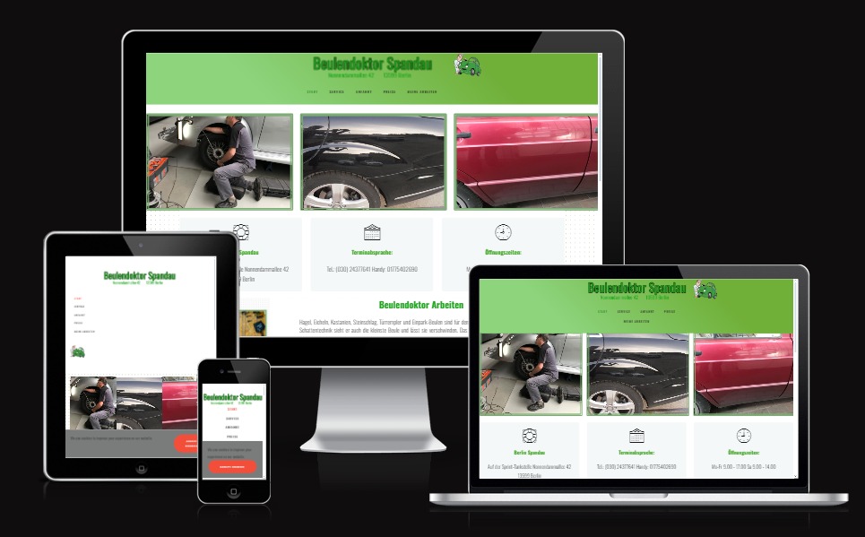 Responsywna strona internetowa firmy Beulendoktor Spandau wyświetlana na monitorze, laptopie, tablecie i smartfonie, prezentująca usługi naprawy karoserii samochodowej.