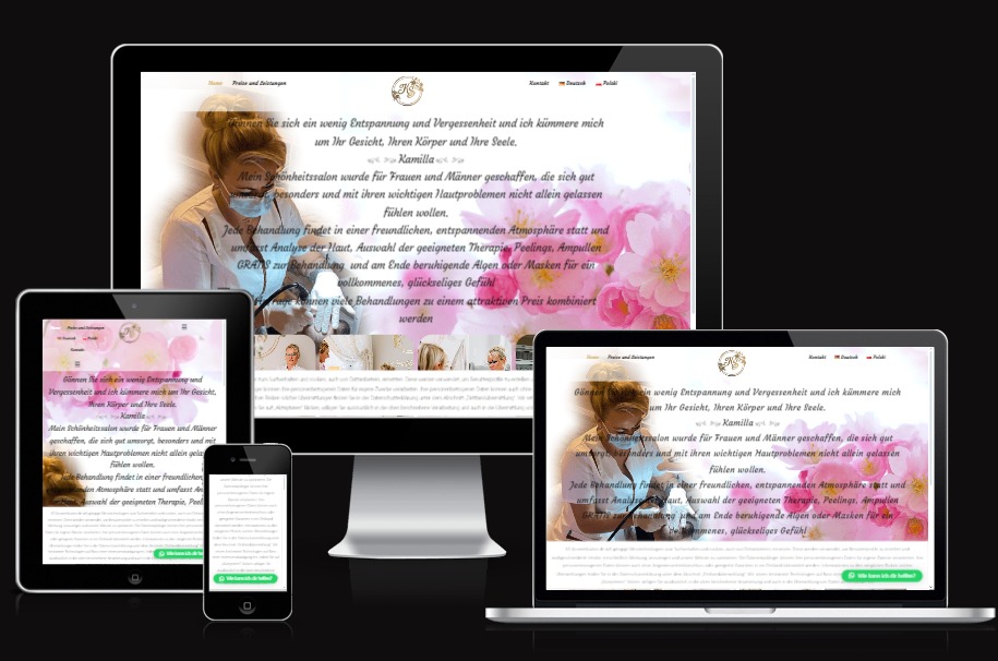 Responsywna strona internetowa salonu kosmetycznego wyświetlana na różnych urządzeniach: monitorze, laptopie, tablecie i smartfonie. Strona zawiera tekst o zabiegach relaksacyjnych i pielęgnacyjnych.