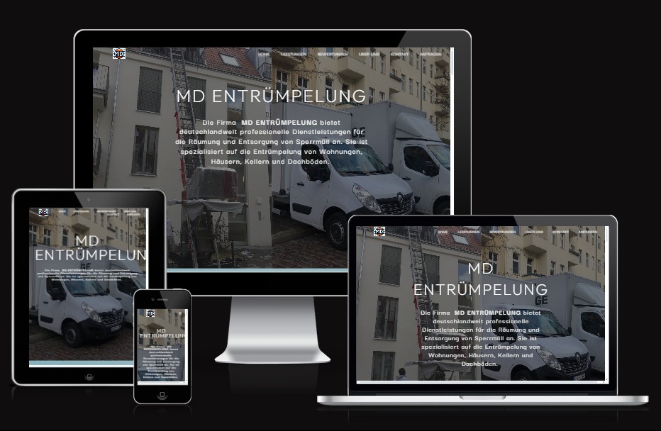 Responsywna strona internetowa firmy MD Entrümpelung wyświetlana na różnych urządzeniach: monitorze, laptopie, tablecie i smartfonie. Strona prezentuje usługi związane z opróżnianiem mieszkań...