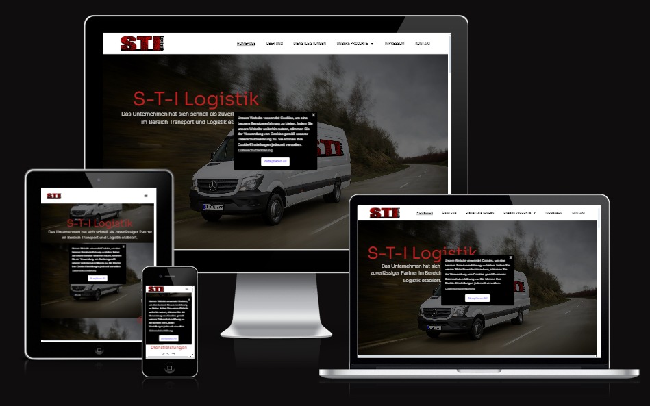 Responsywna strona internetowa firmy transportowej S-T-I Logistik wyświetlana na monitorze, laptopie, tablecie i smartfonie, z widocznym komunikatem o plikach cookie.